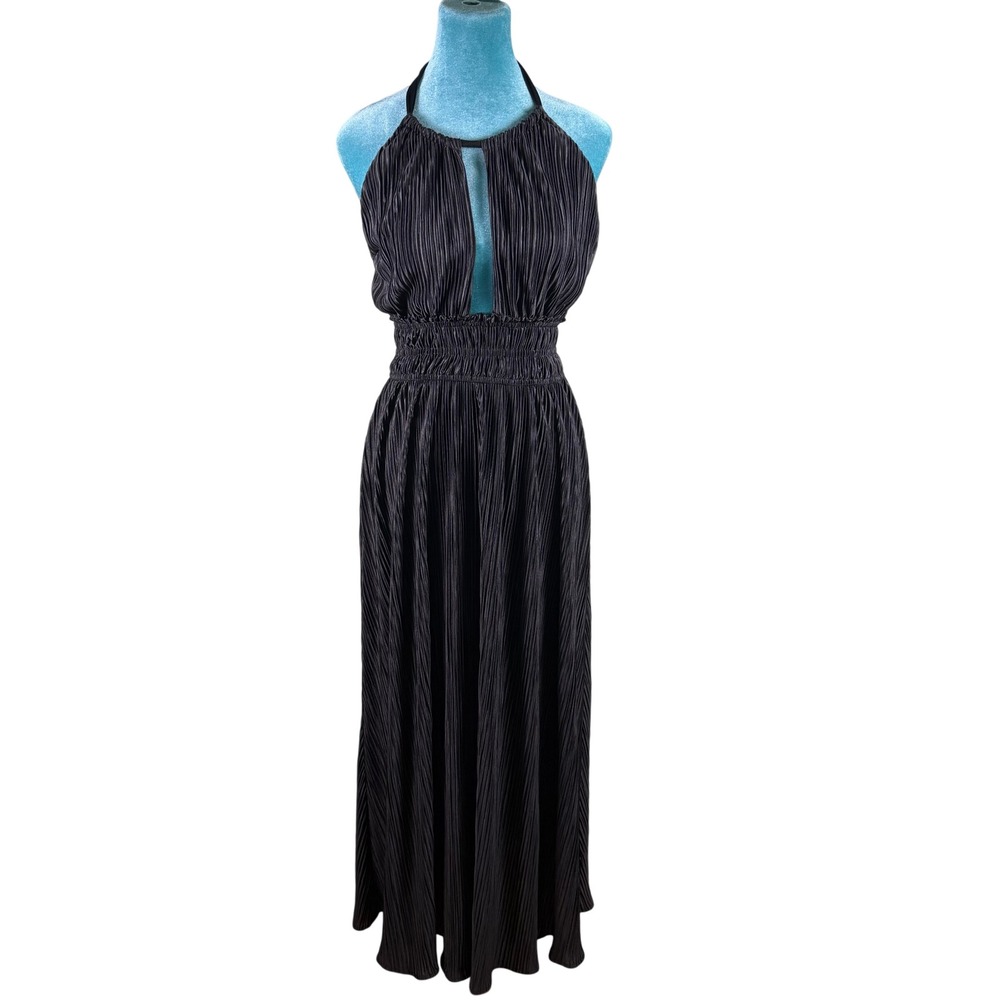Minkpink Gwen Midi Dress Womens Halter Keyhole Maxi Black Accordion Pleat